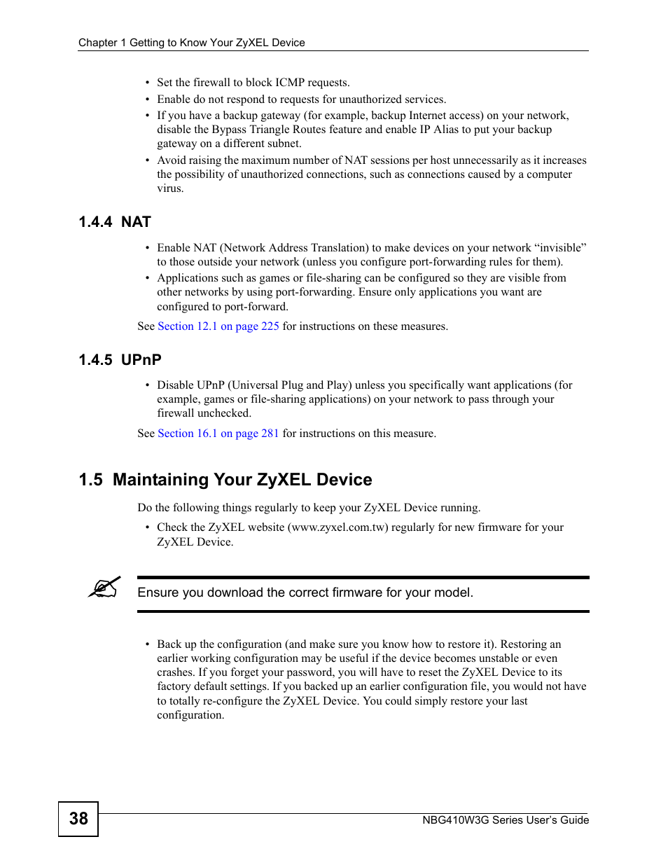 4 nat, 5 upnp, 5 maintaining your zyxel device | 4 nat 1.4.5 upnp | ZyXEL Communications NBG410W3G User Manual | Page 38 / 430