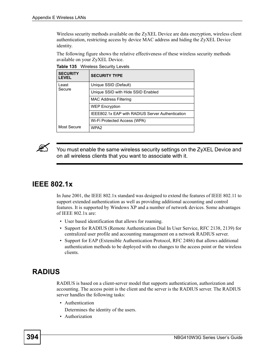 Table 135 wireless security levels, Ieee 802.1x, Radius | ZyXEL Communications NBG410W3G User Manual | Page 394 / 430
