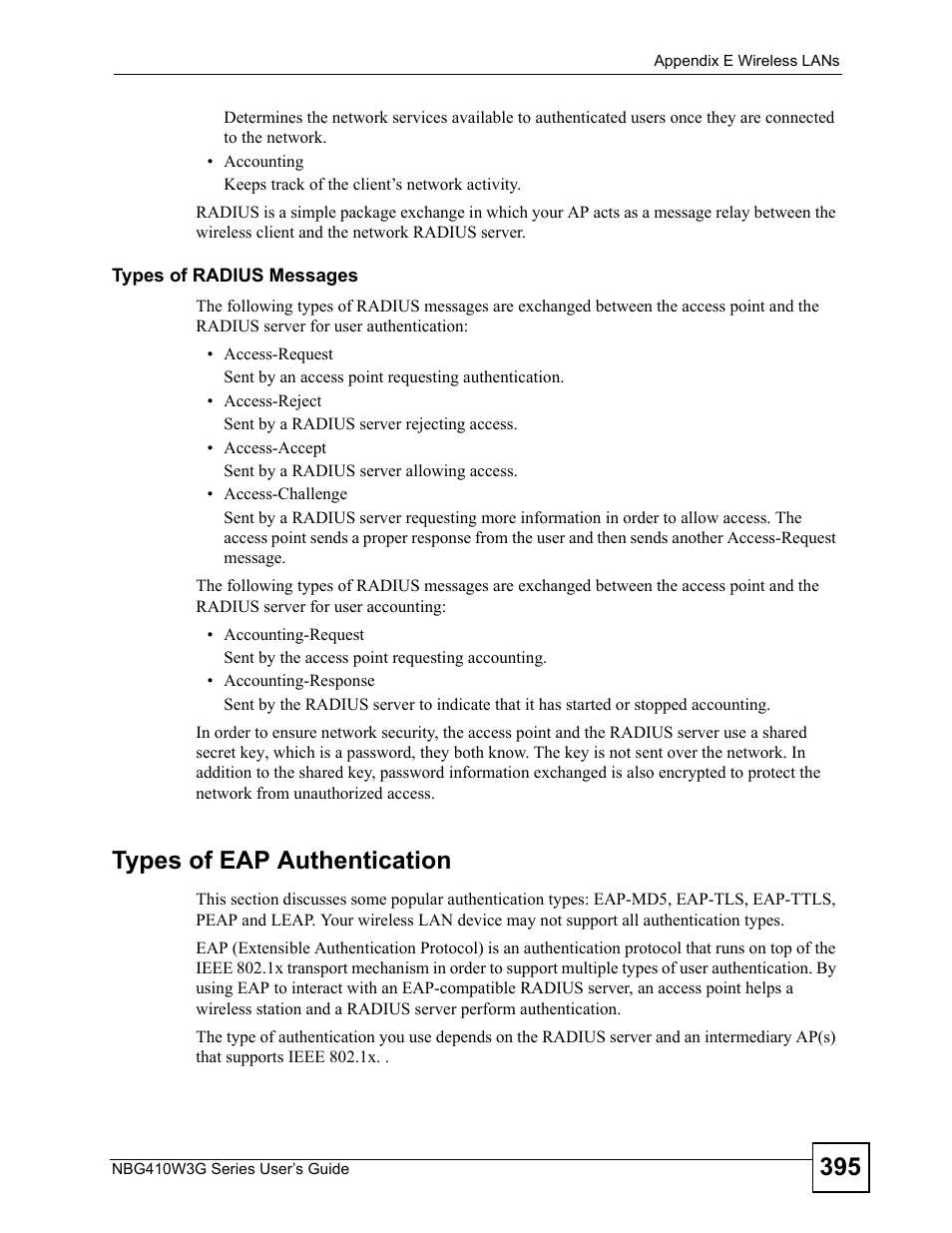 Types of eap authentication | ZyXEL Communications NBG410W3G User Manual | Page 395 / 430