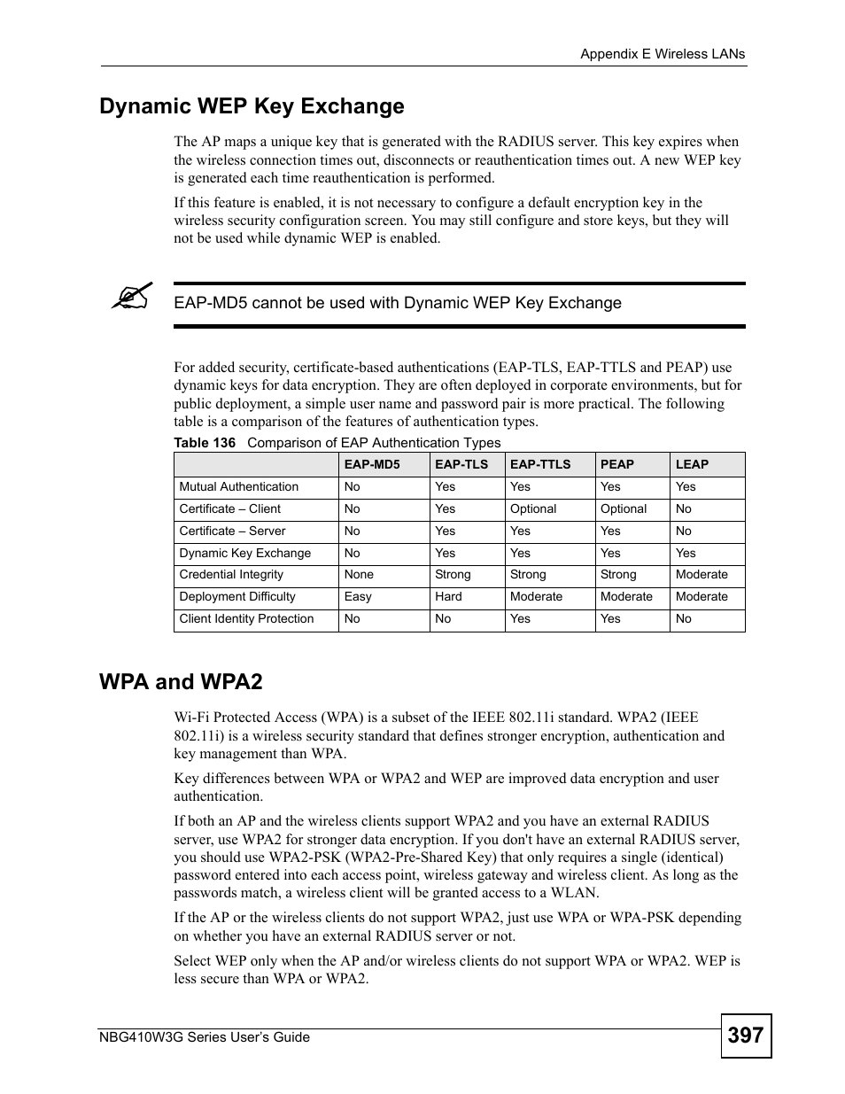 Table 136 comparison of eap authentication types, 397 dynamic wep key exchange, Wpa and wpa2 | ZyXEL Communications NBG410W3G User Manual | Page 397 / 430