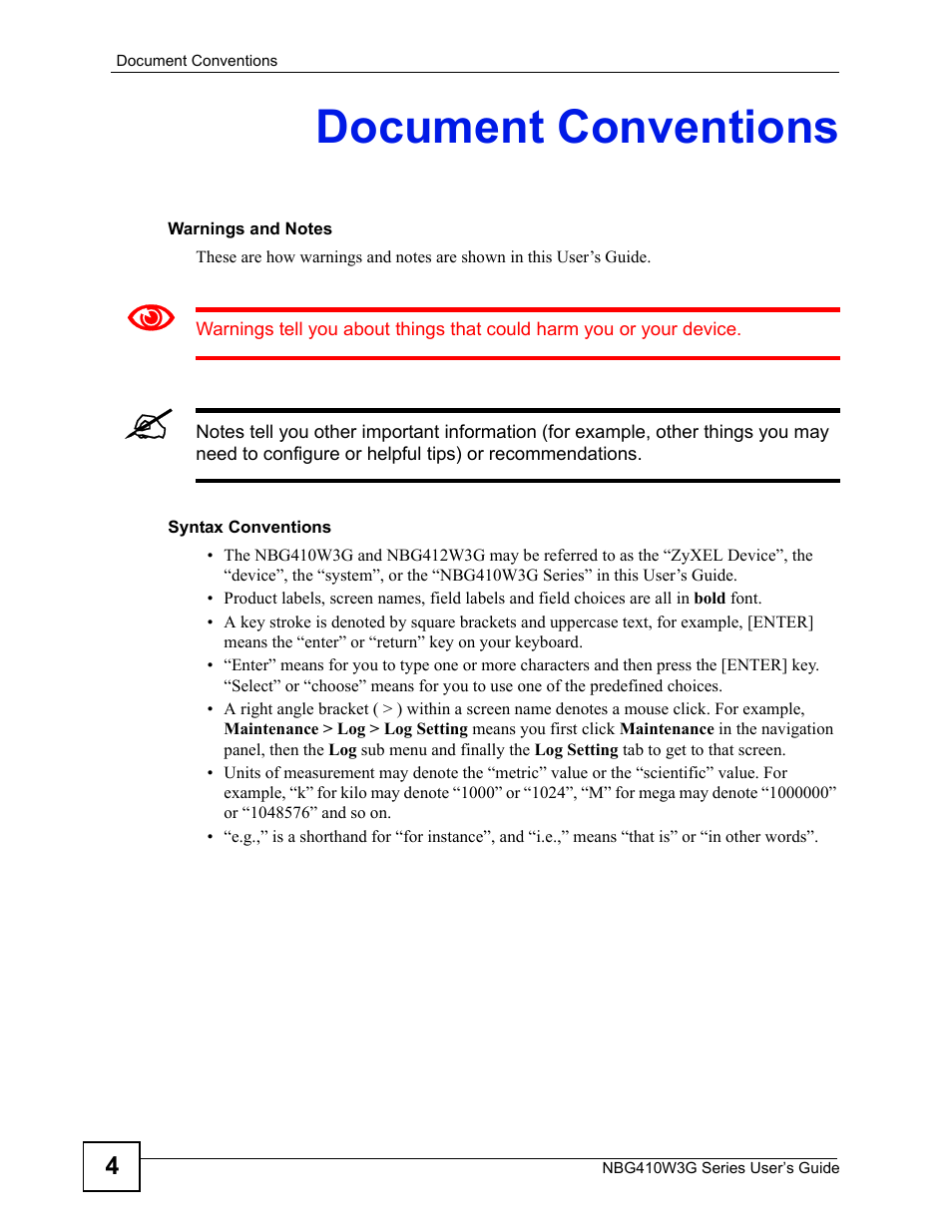 Document conventions | ZyXEL Communications NBG410W3G User Manual | Page 4 / 430