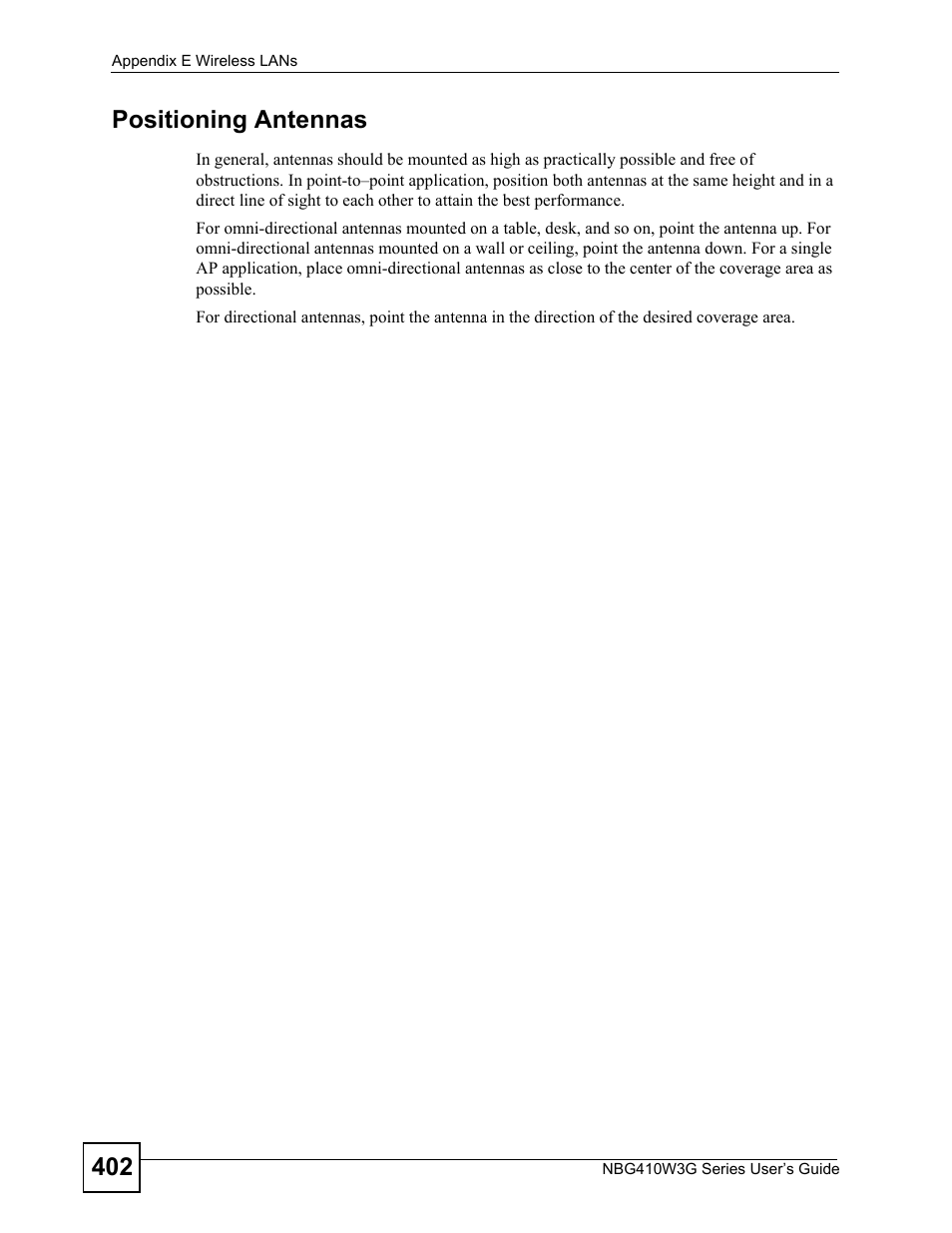 402 positioning antennas | ZyXEL Communications NBG410W3G User Manual | Page 402 / 430