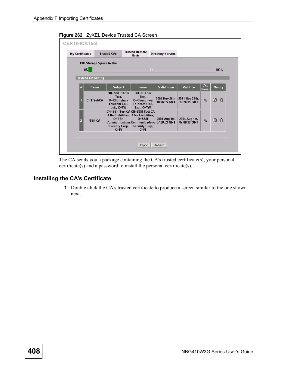 Figure 262 zyxel device trusted ca screen | ZyXEL Communications NBG410W3G User Manual | Page 408 / 430