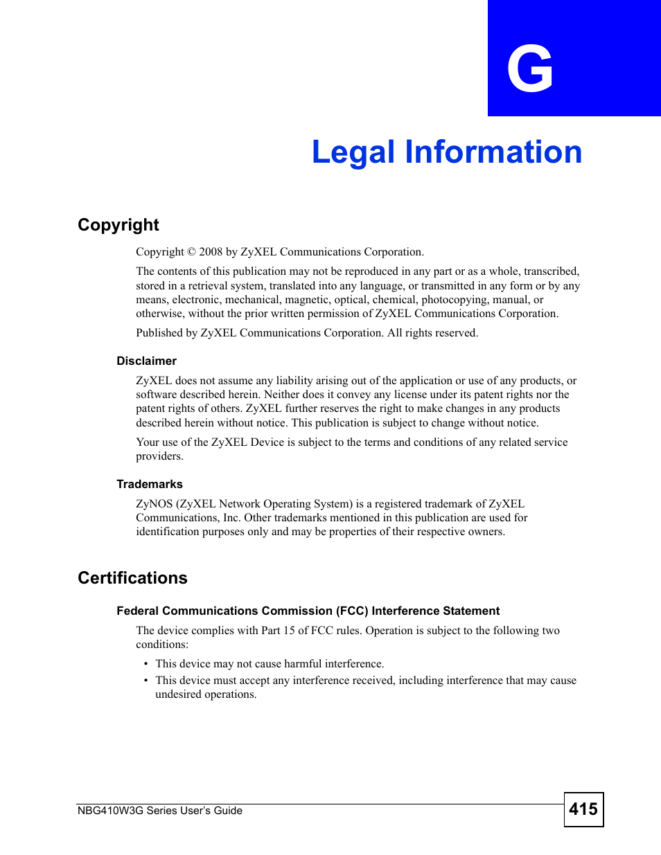Legal information, Appendix g legal information, Legal information (415) | ZyXEL Communications NBG410W3G User Manual | Page 415 / 430