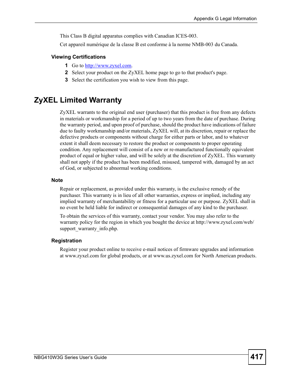 Zyxel limited warranty | ZyXEL Communications NBG410W3G User Manual | Page 417 / 430