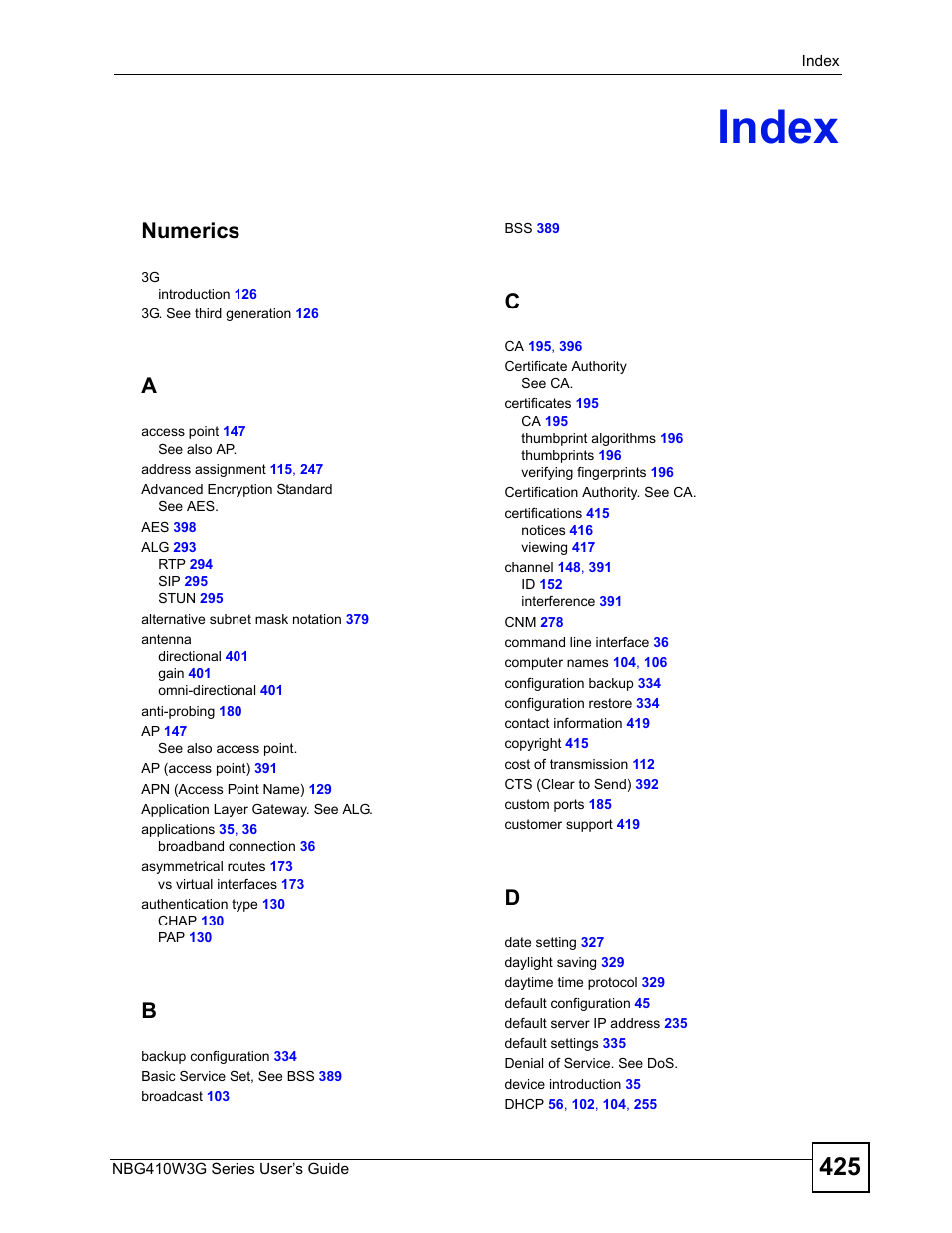 Index, Index (425), Numerics | ZyXEL Communications NBG410W3G User Manual | Page 425 / 430