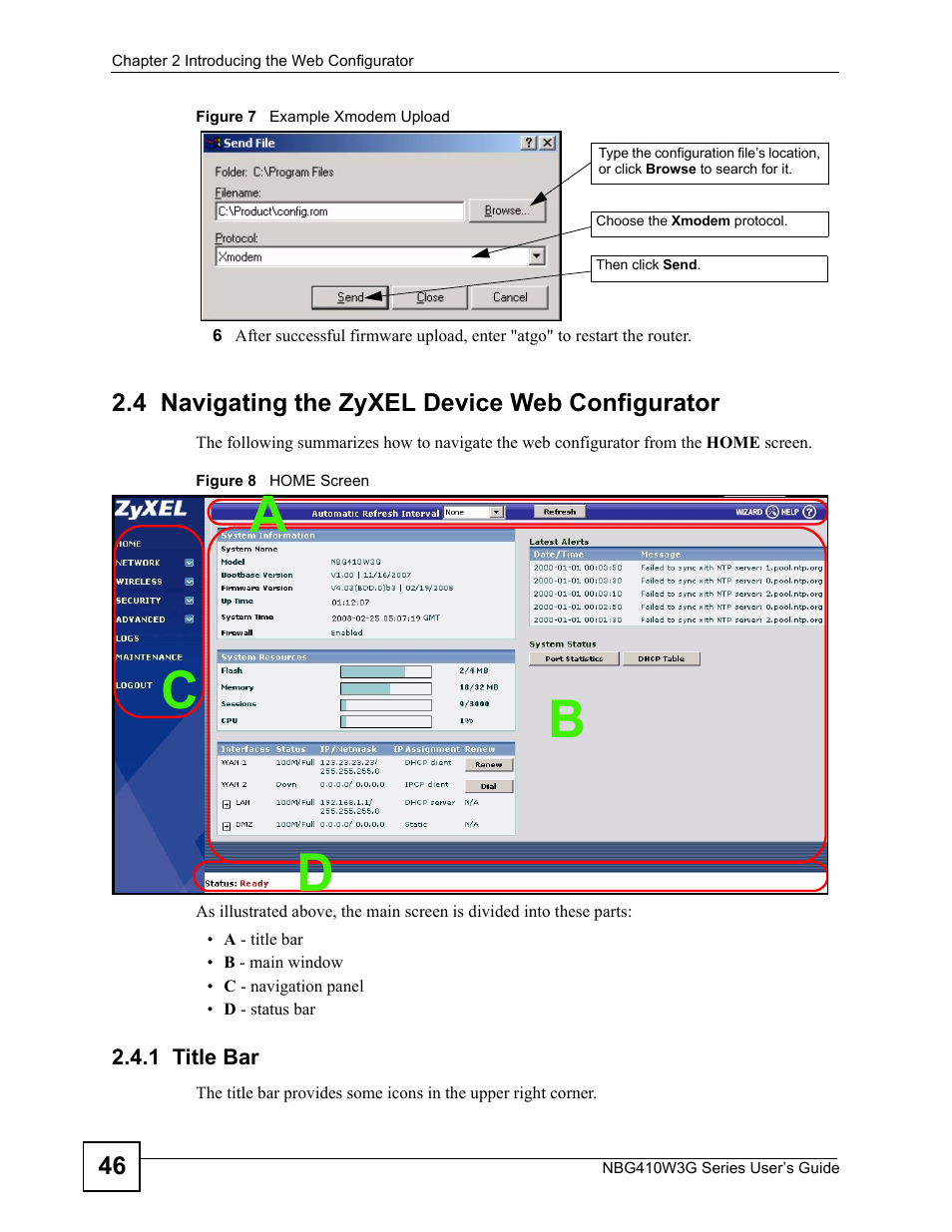 4 navigating the zyxel device web configurator, 1 title bar, Cd b a | ZyXEL Communications NBG410W3G User Manual | Page 46 / 430