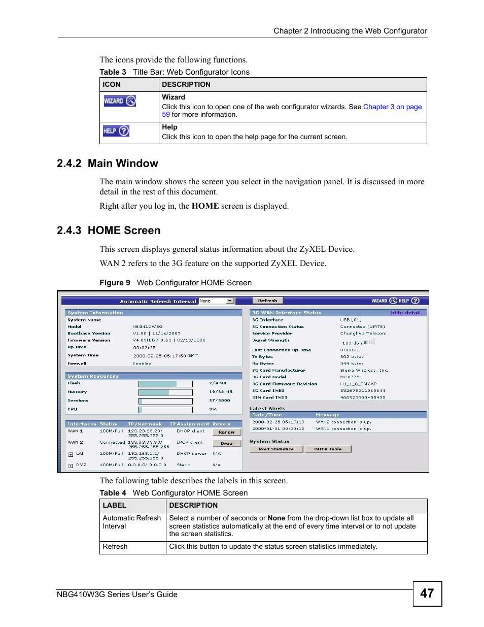 2 main window, 3 home screen, 2 main window 2.4.3 home screen | Figure 9 web configurator home screen | ZyXEL Communications NBG410W3G User Manual | Page 47 / 430