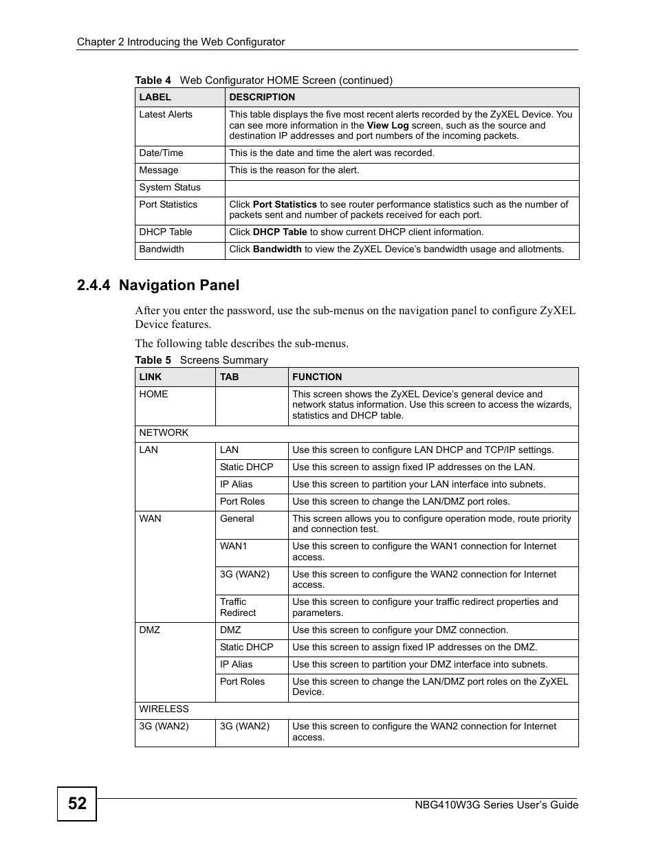 4 navigation panel, Table 5 screens summary | ZyXEL Communications NBG410W3G User Manual | Page 52 / 430