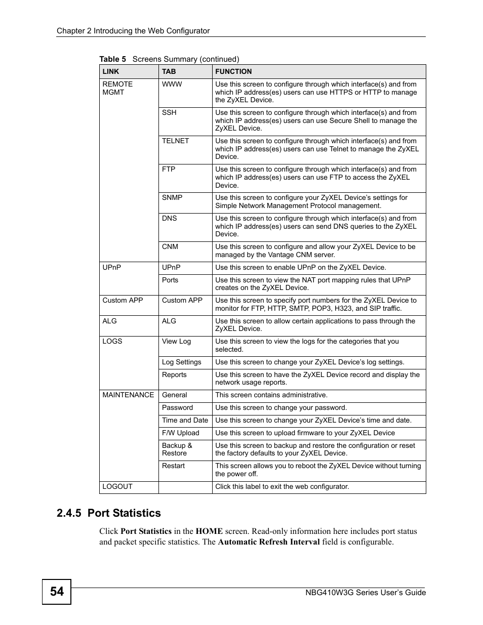 5 port statistics | ZyXEL Communications NBG410W3G User Manual | Page 54 / 430