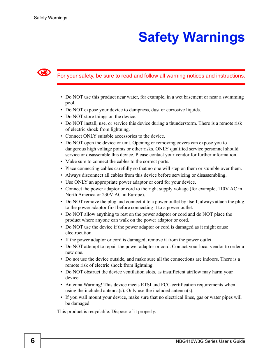 Safety warnings | ZyXEL Communications NBG410W3G User Manual | Page 6 / 430