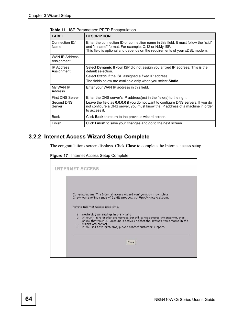 2 internet access wizard setup complete, Figure 17 internet access setup complete | ZyXEL Communications NBG410W3G User Manual | Page 64 / 430