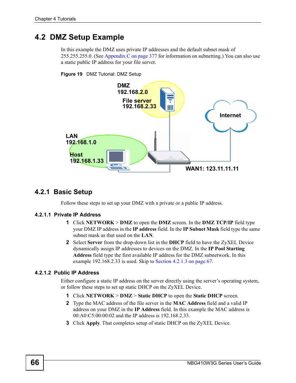 2 dmz setup example, 1 basic setup, Figure 19 dmz tutorial: dmz setup | 66 4.2 dmz setup example | ZyXEL Communications NBG410W3G User Manual | Page 66 / 430
