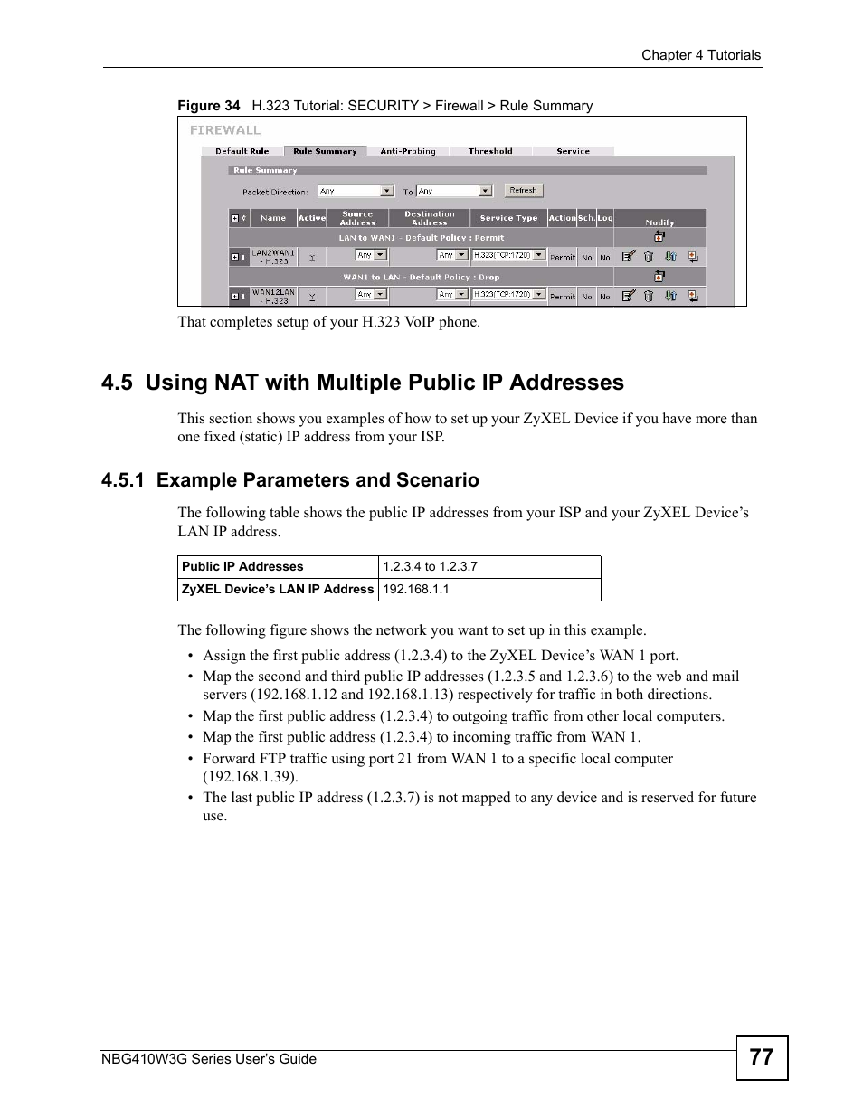 5 using nat with multiple public ip addresses, 1 example parameters and scenario | ZyXEL Communications NBG410W3G User Manual | Page 77 / 430
