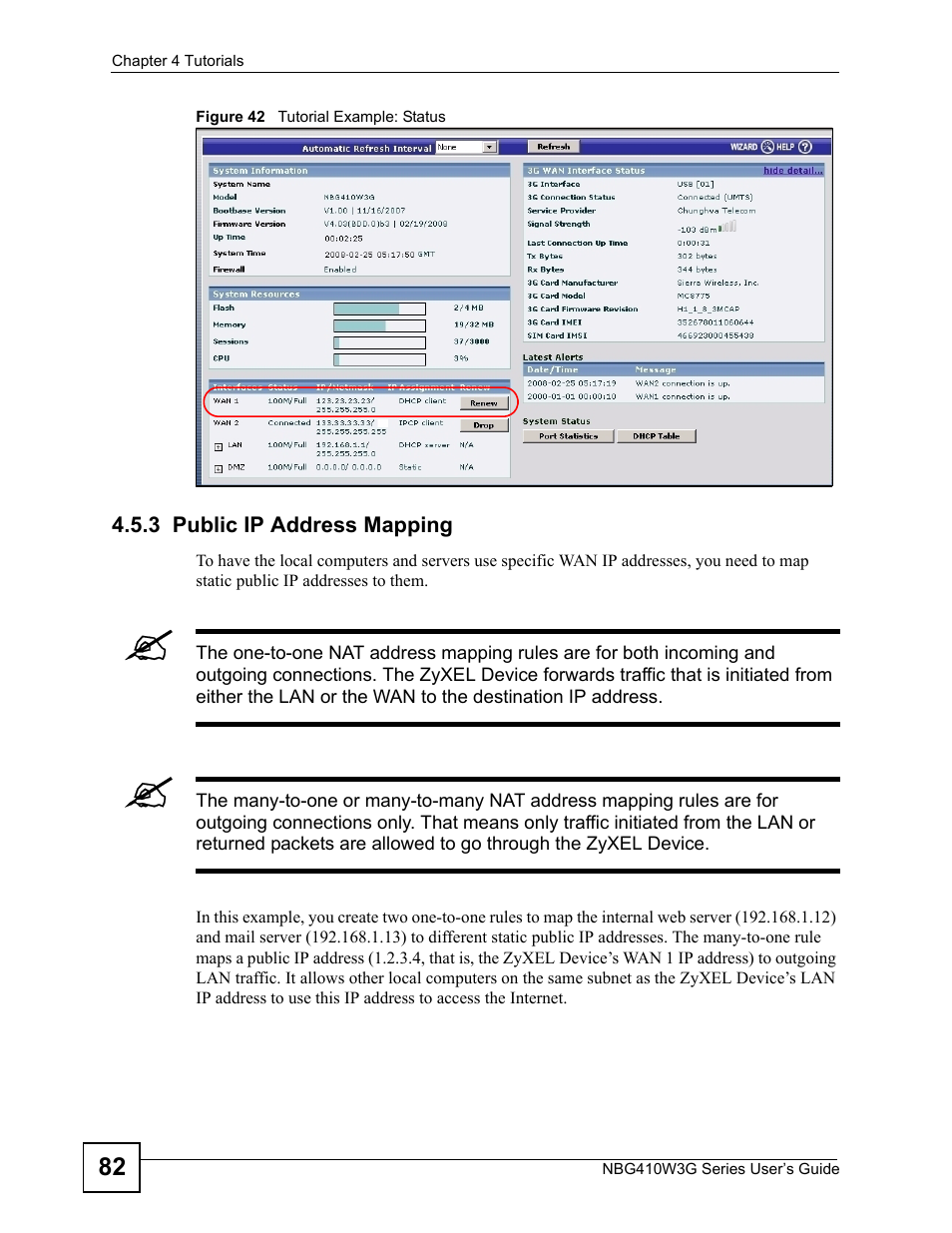 3 public ip address mapping, Figure 42 tutorial example: status | ZyXEL Communications NBG410W3G User Manual | Page 82 / 430