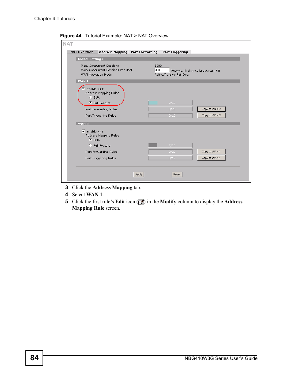 Figure 44 tutorial example: nat > nat overview | ZyXEL Communications NBG410W3G User Manual | Page 84 / 430