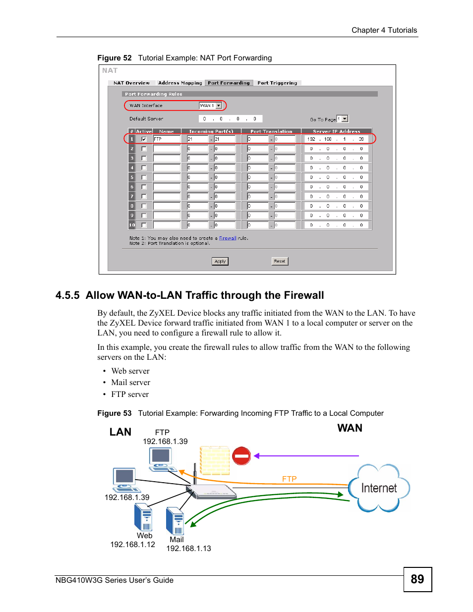 5 allow wan-to-lan traffic through the firewall, Wan lan | ZyXEL Communications NBG410W3G User Manual | Page 89 / 430