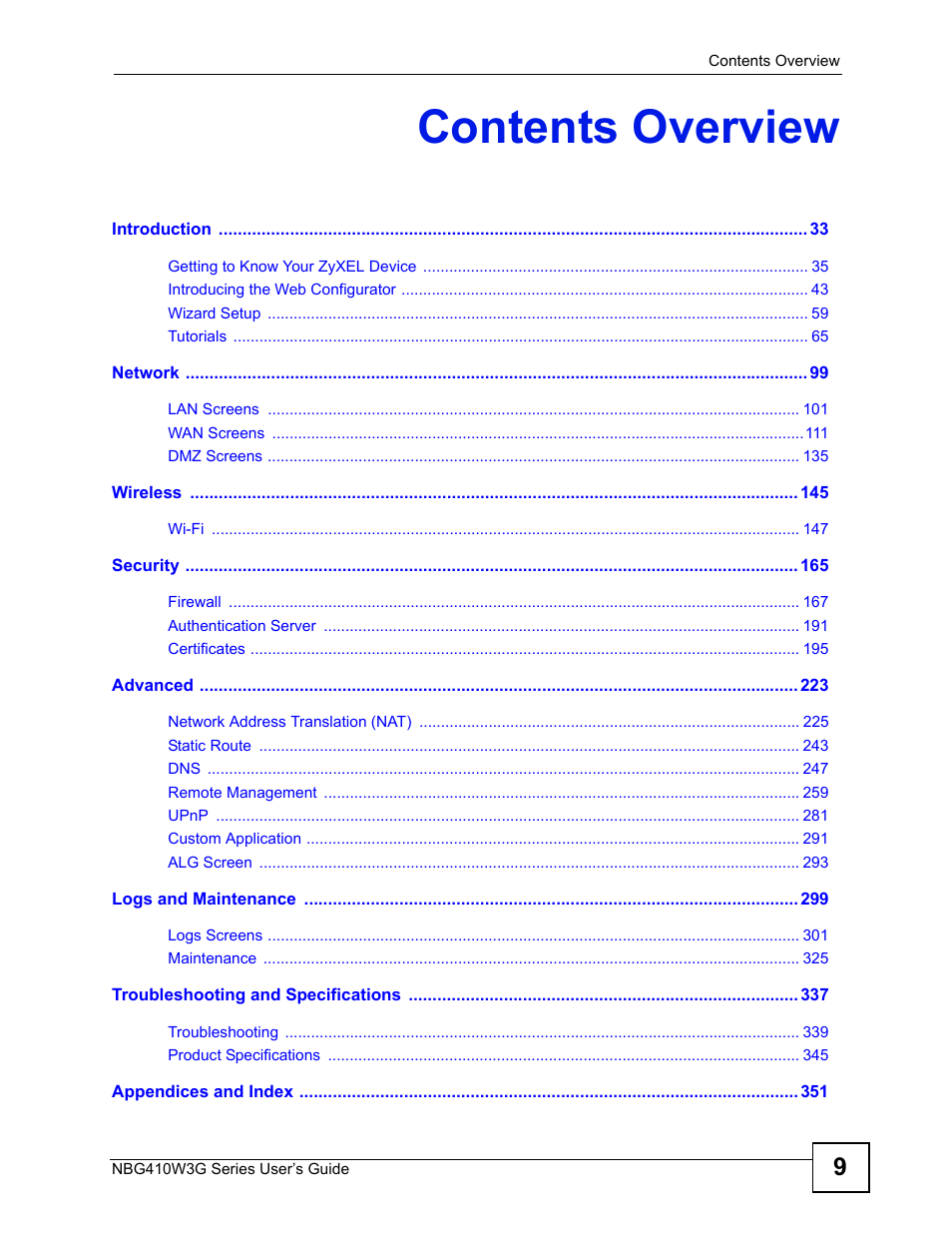 Contents overview | ZyXEL Communications NBG410W3G User Manual | Page 9 / 430