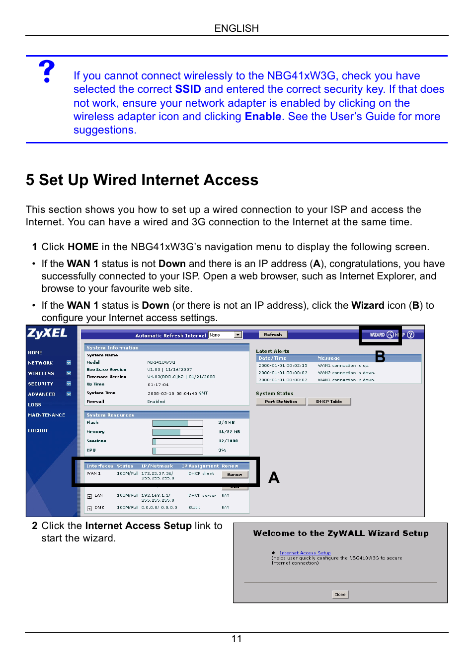 5 set up wired internet access | ZyXEL Communications 3G Wireless Router NBG410W3G User Manual | Page 11 / 88