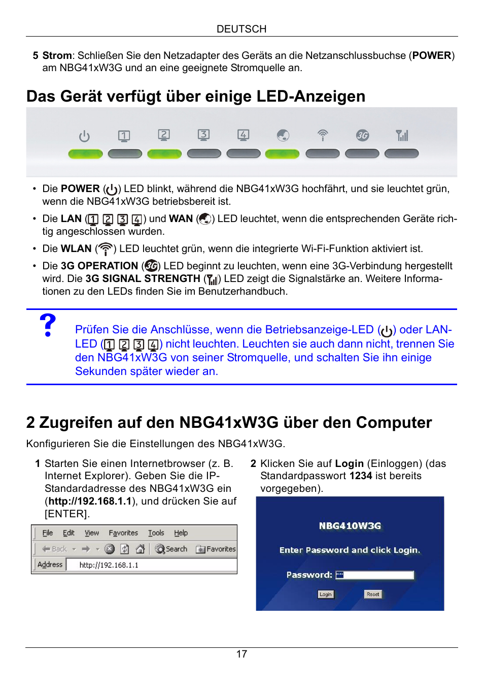 Das gerät verfügt über einige led-anzeigen, 2 zugreifen auf den nbg41xw3g über den computer | ZyXEL Communications 3G Wireless Router NBG410W3G User Manual | Page 17 / 88
