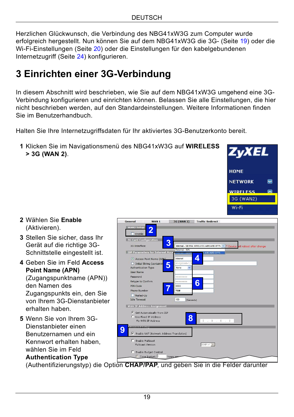 3 einrichten einer 3g-verbindung | ZyXEL Communications 3G Wireless Router NBG410W3G User Manual | Page 19 / 88