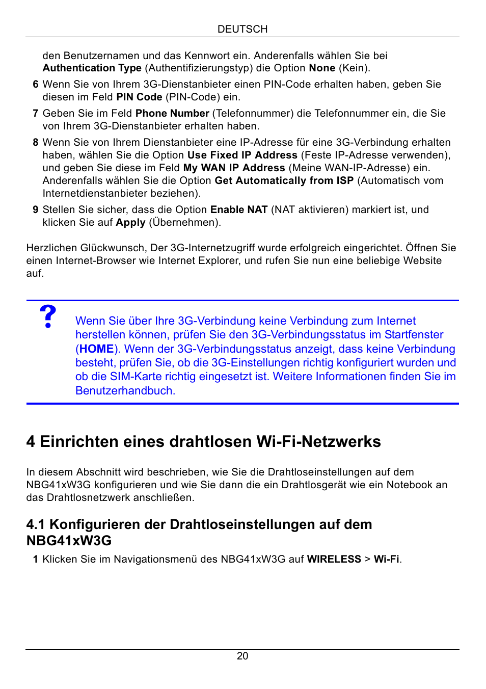 4 einrichten eines drahtlosen wi-fi-netzwerks | ZyXEL Communications 3G Wireless Router NBG410W3G User Manual | Page 20 / 88