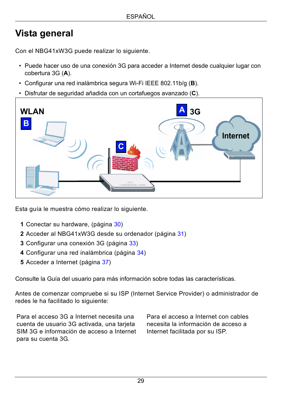 Español, Vista general | ZyXEL Communications 3G Wireless Router NBG410W3G User Manual | Page 29 / 88