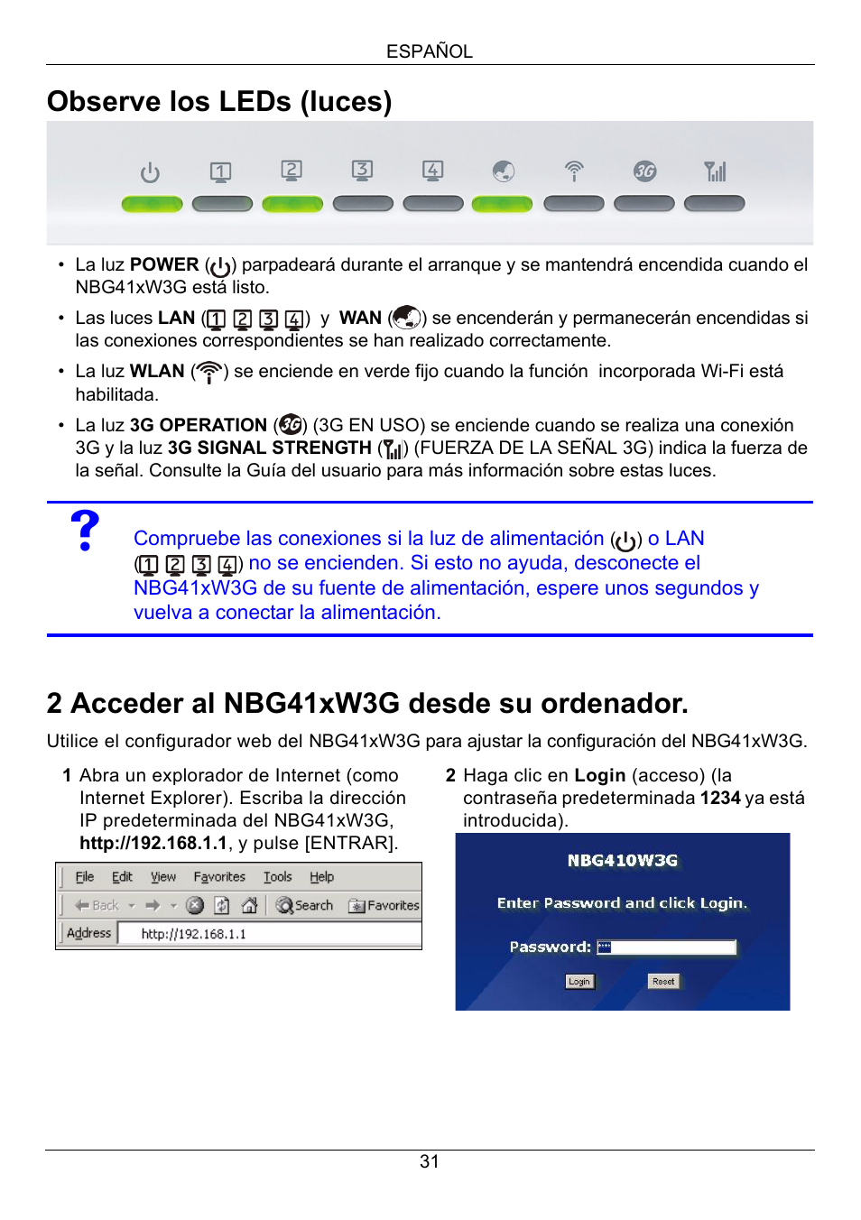 Observe los leds (luces), 2 acceder al nbg41xw3g desde su ordenador | ZyXEL Communications 3G Wireless Router NBG410W3G User Manual | Page 31 / 88