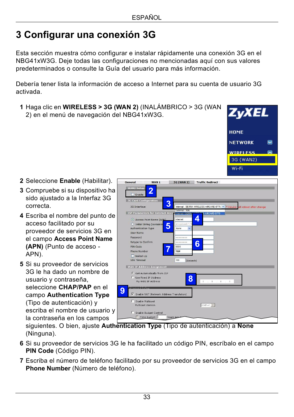 3 configurar una conexión 3g | ZyXEL Communications 3G Wireless Router NBG410W3G User Manual | Page 33 / 88