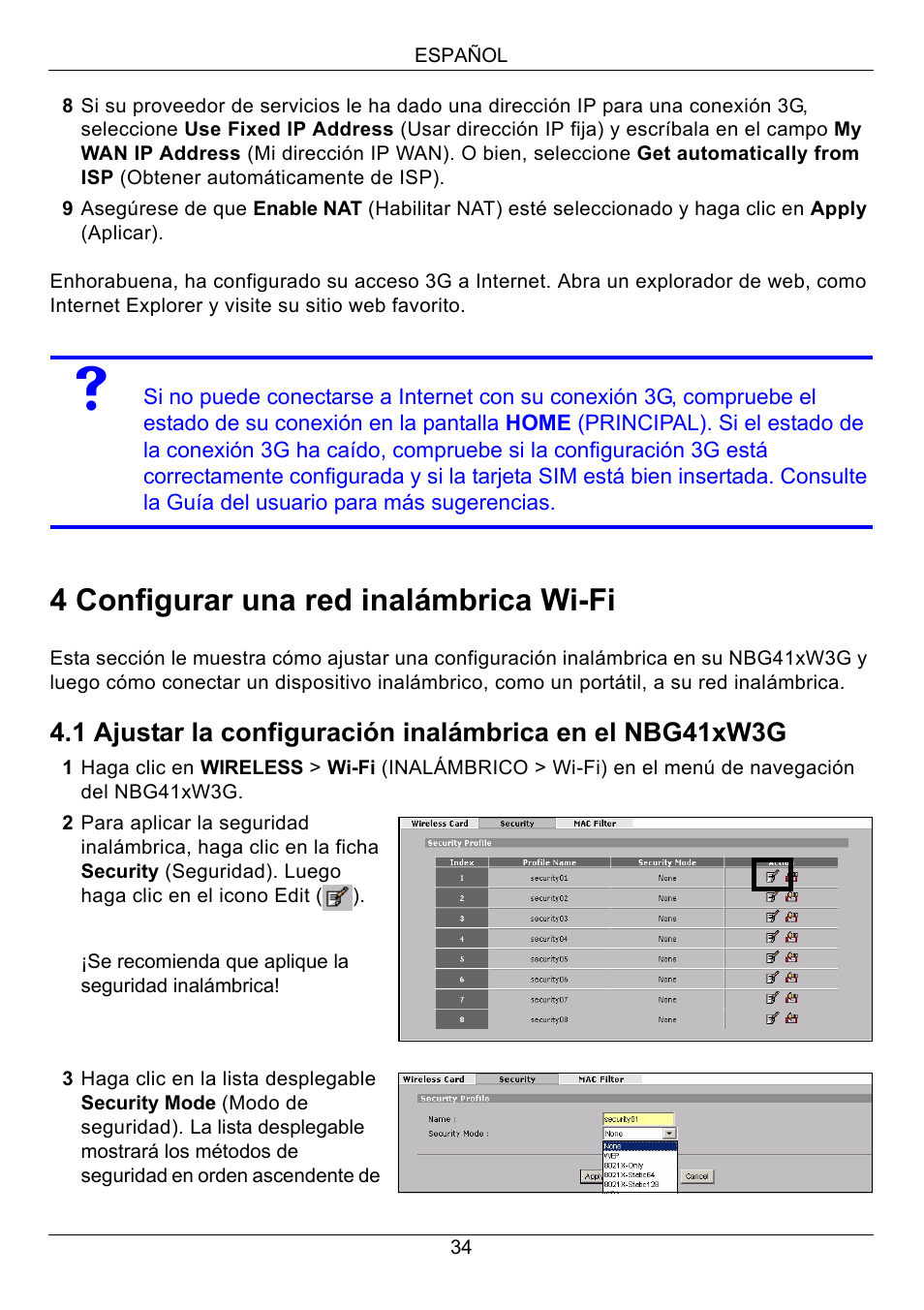 4 configurar una red inalámbrica wi-fi | ZyXEL Communications 3G Wireless Router NBG410W3G User Manual | Page 34 / 88