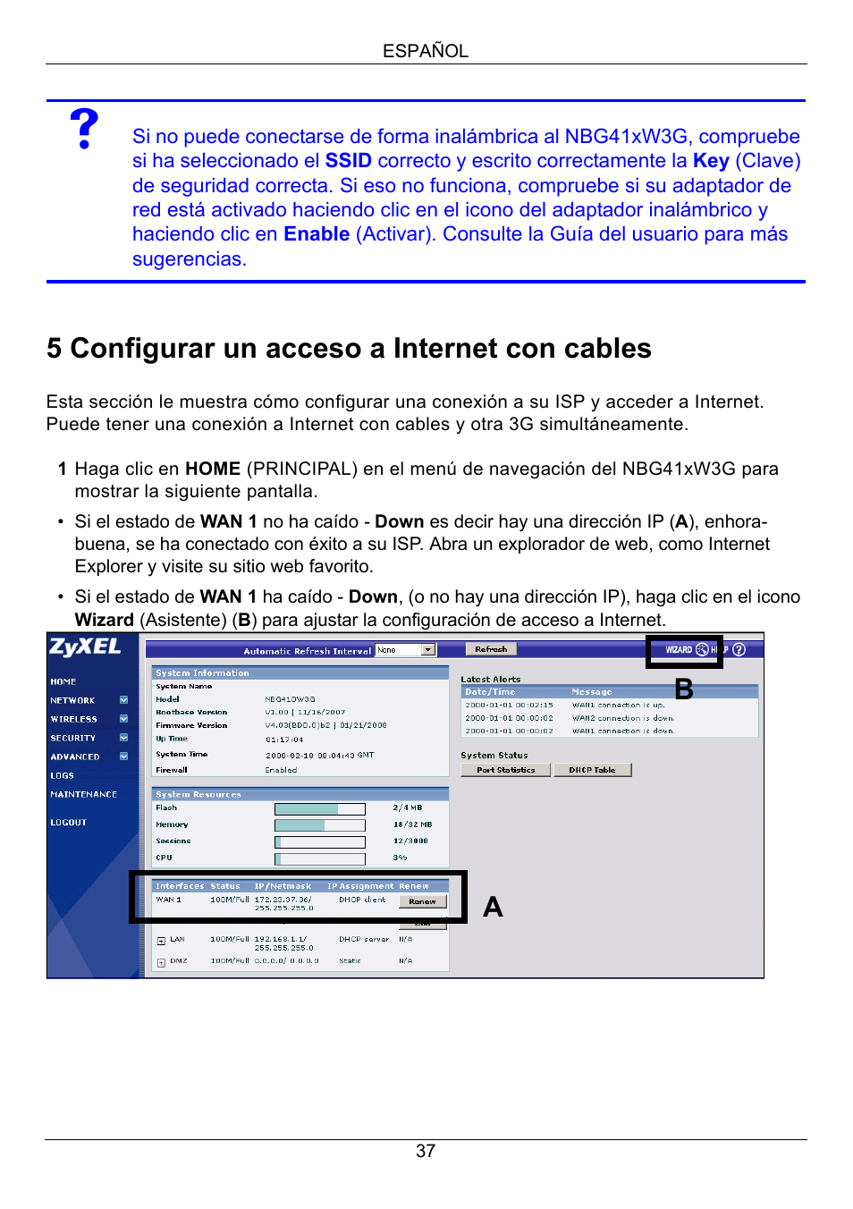 5 configurar un acceso a internet con cables | ZyXEL Communications 3G Wireless Router NBG410W3G User Manual | Page 37 / 88