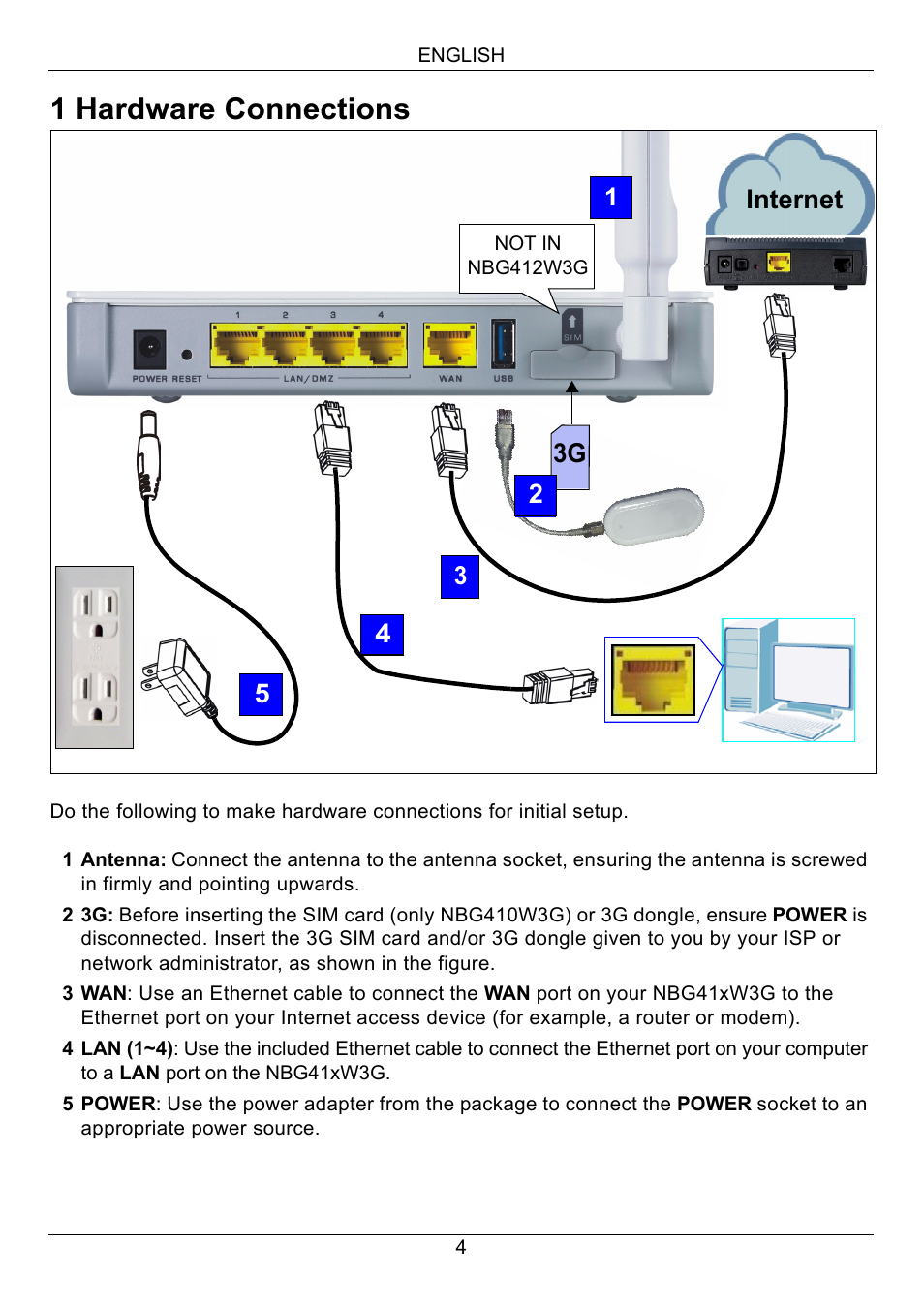 1 hardware connections, Internet, 53g 2 | ZyXEL Communications 3G Wireless Router NBG410W3G User Manual | Page 4 / 88