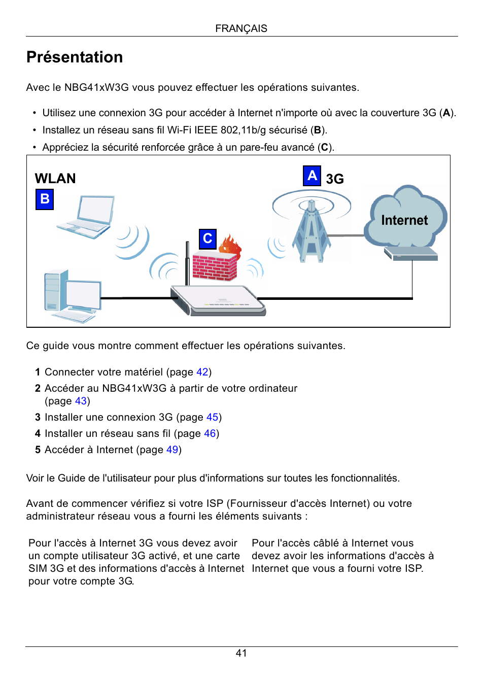 Français, Présentation | ZyXEL Communications 3G Wireless Router NBG410W3G User Manual | Page 41 / 88