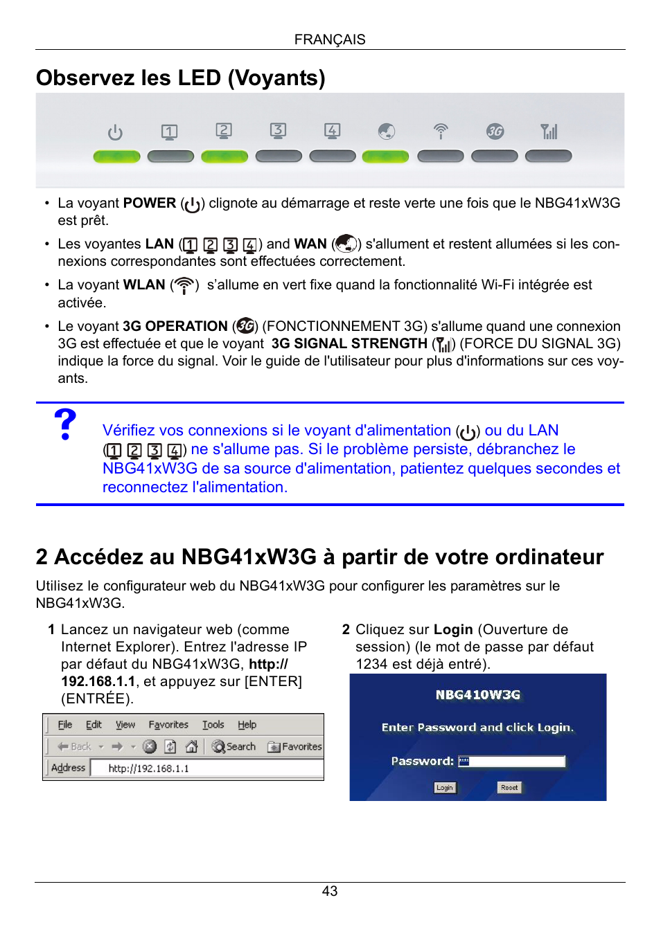 Observez les led (voyants) | ZyXEL Communications 3G Wireless Router NBG410W3G User Manual | Page 43 / 88