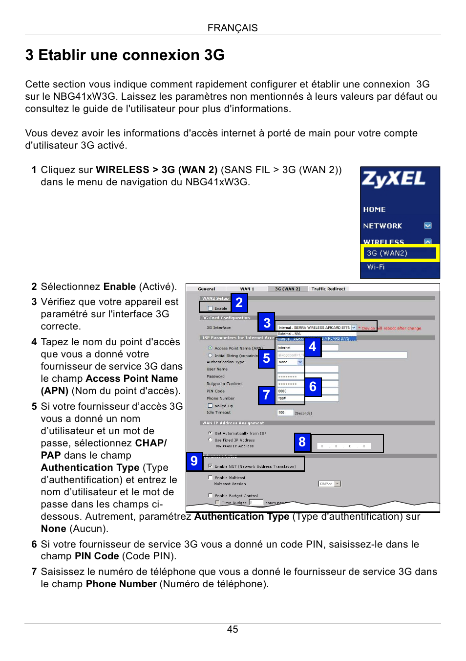 3 etablir une connexion 3g | ZyXEL Communications 3G Wireless Router NBG410W3G User Manual | Page 45 / 88