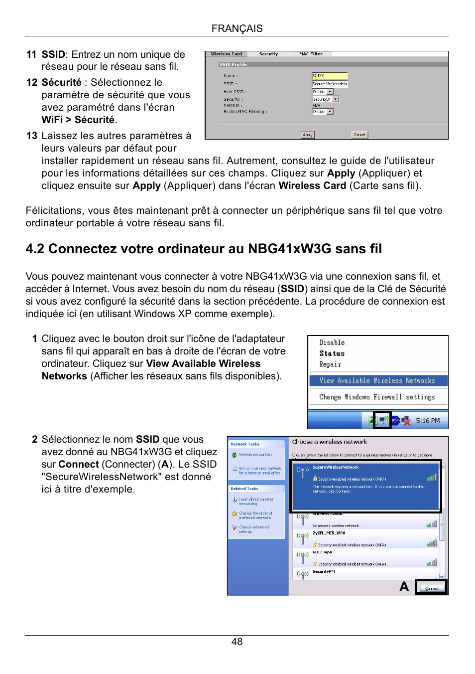 2 connectez votre ordinateur au nbg41xw3g sans fil | ZyXEL Communications 3G Wireless Router NBG410W3G User Manual | Page 48 / 88