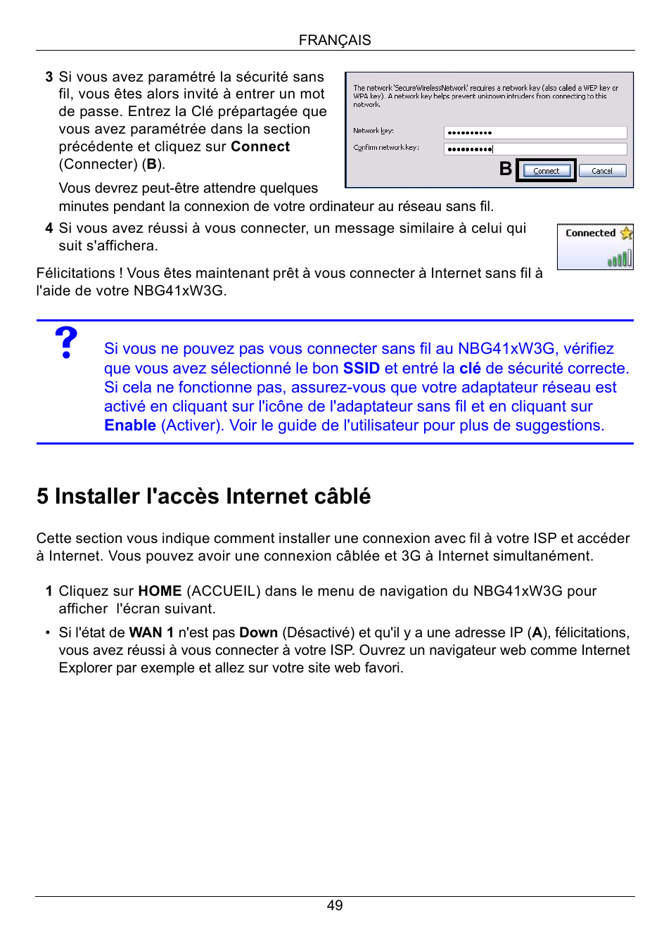 5 installer l'accès internet câblé | ZyXEL Communications 3G Wireless Router NBG410W3G User Manual | Page 49 / 88