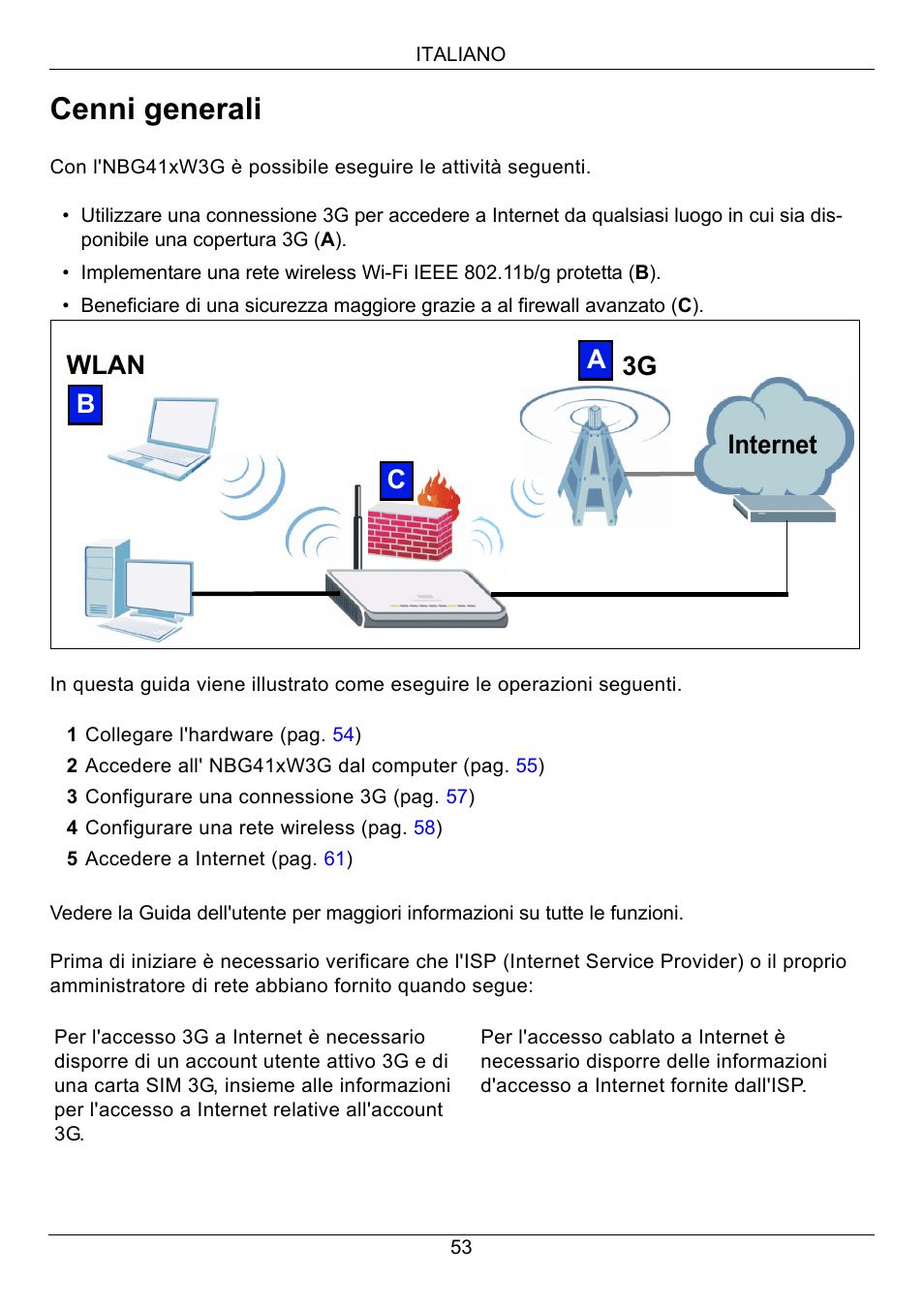 Italiano, Cenni generali | ZyXEL Communications 3G Wireless Router NBG410W3G User Manual | Page 53 / 88