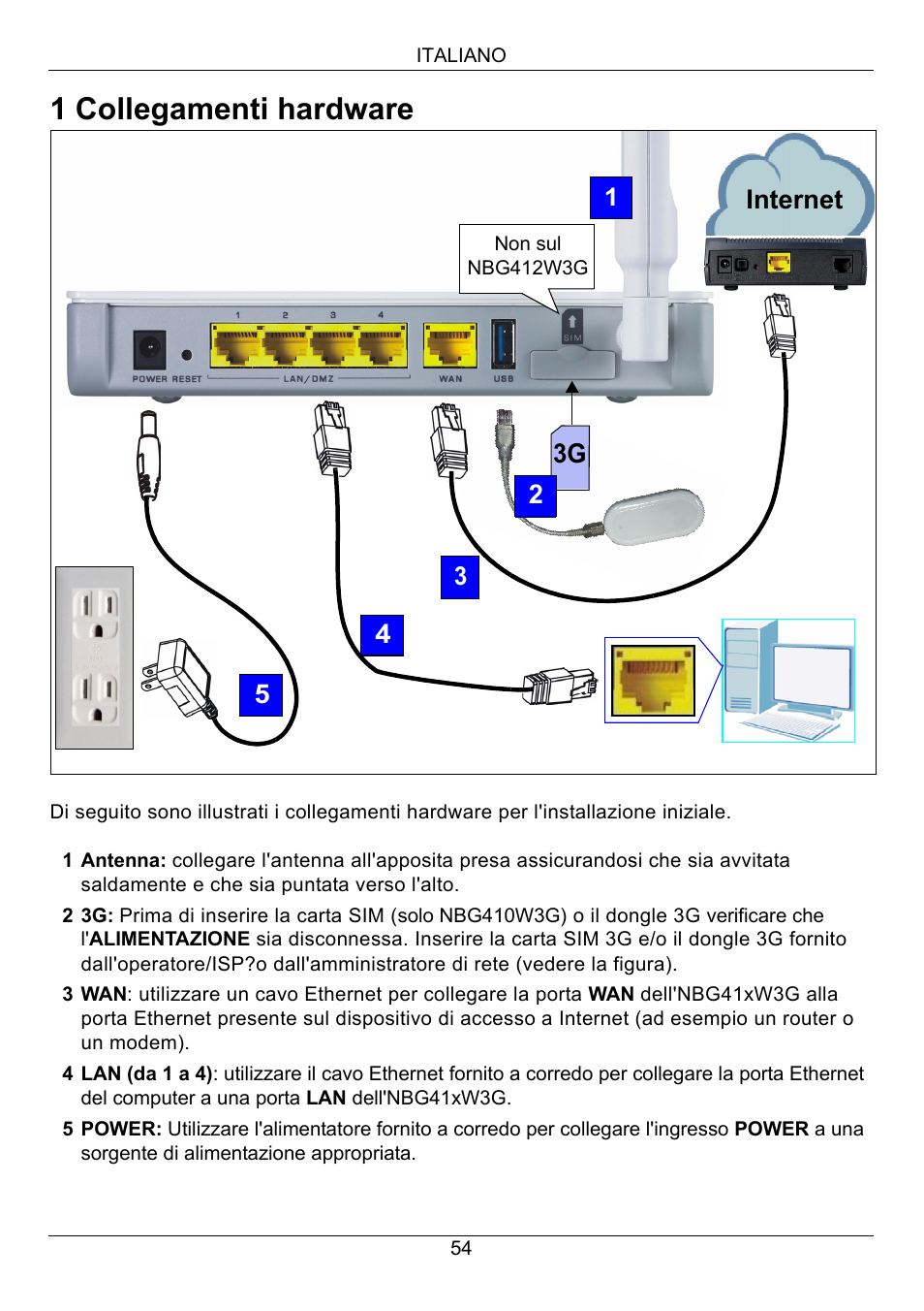 1 collegamenti hardware, Internet, 53g 2 | ZyXEL Communications 3G Wireless Router NBG410W3G User Manual | Page 54 / 88
