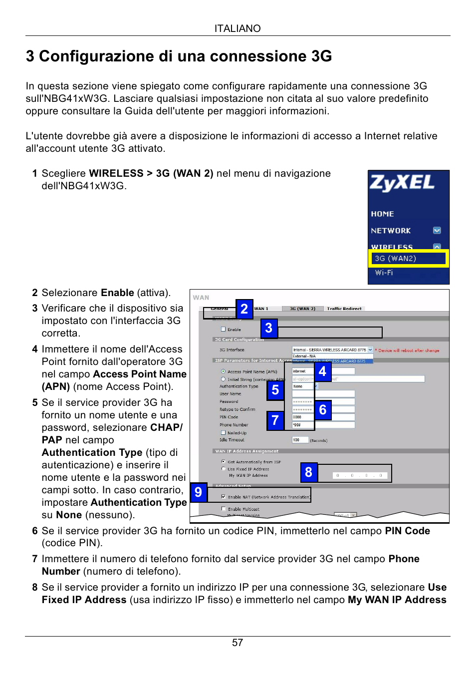 3 configurazione di una connessione 3g | ZyXEL Communications 3G Wireless Router NBG410W3G User Manual | Page 57 / 88