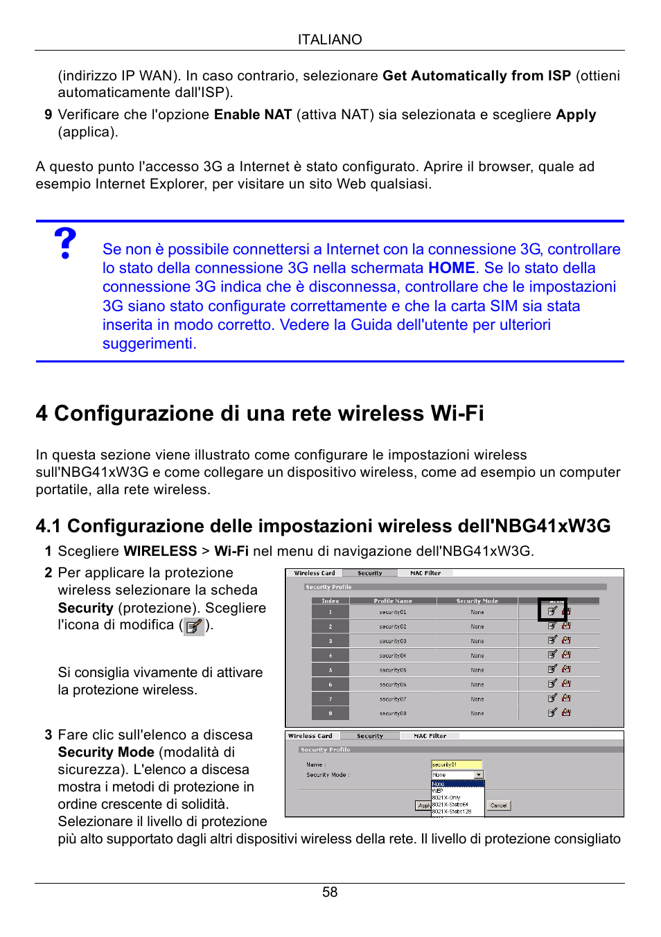 4 configurazione di una rete wireless wi-fi | ZyXEL Communications 3G Wireless Router NBG410W3G User Manual | Page 58 / 88