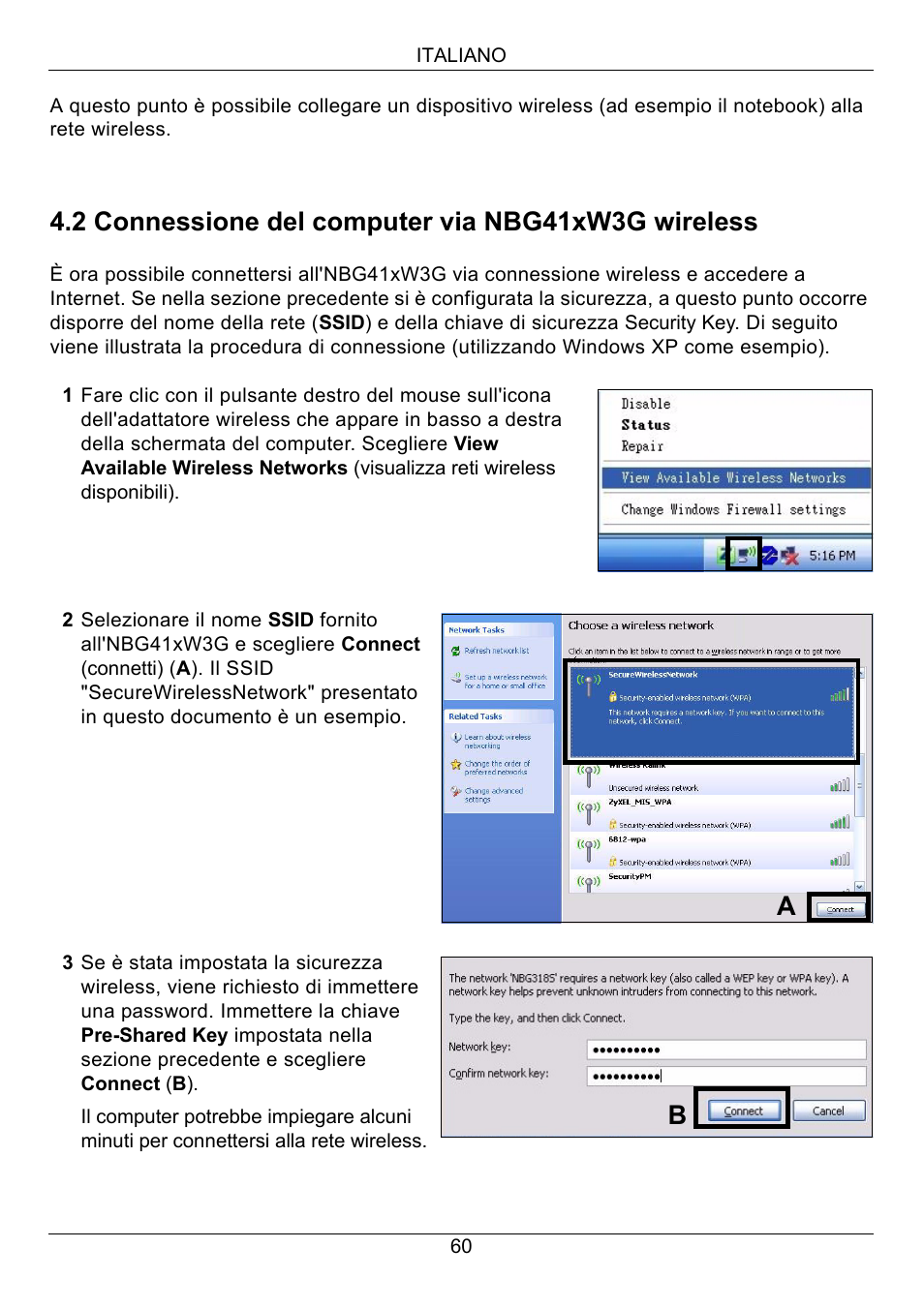 2 connessione del computer via nbg41xw3g wireless | ZyXEL Communications 3G Wireless Router NBG410W3G User Manual | Page 60 / 88