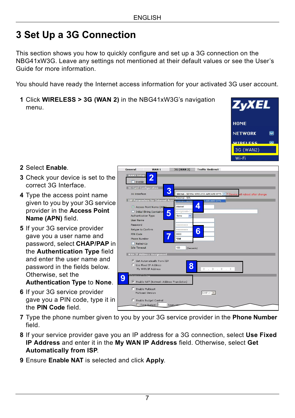 3 set up a 3g connection | ZyXEL Communications 3G Wireless Router NBG410W3G User Manual | Page 7 / 88
