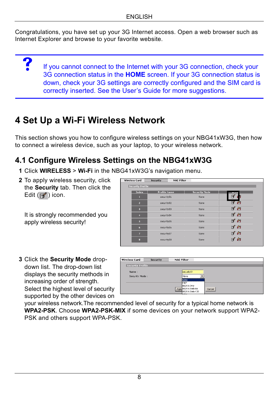 4 set up a wi-fi wireless network | ZyXEL Communications 3G Wireless Router NBG410W3G User Manual | Page 8 / 88