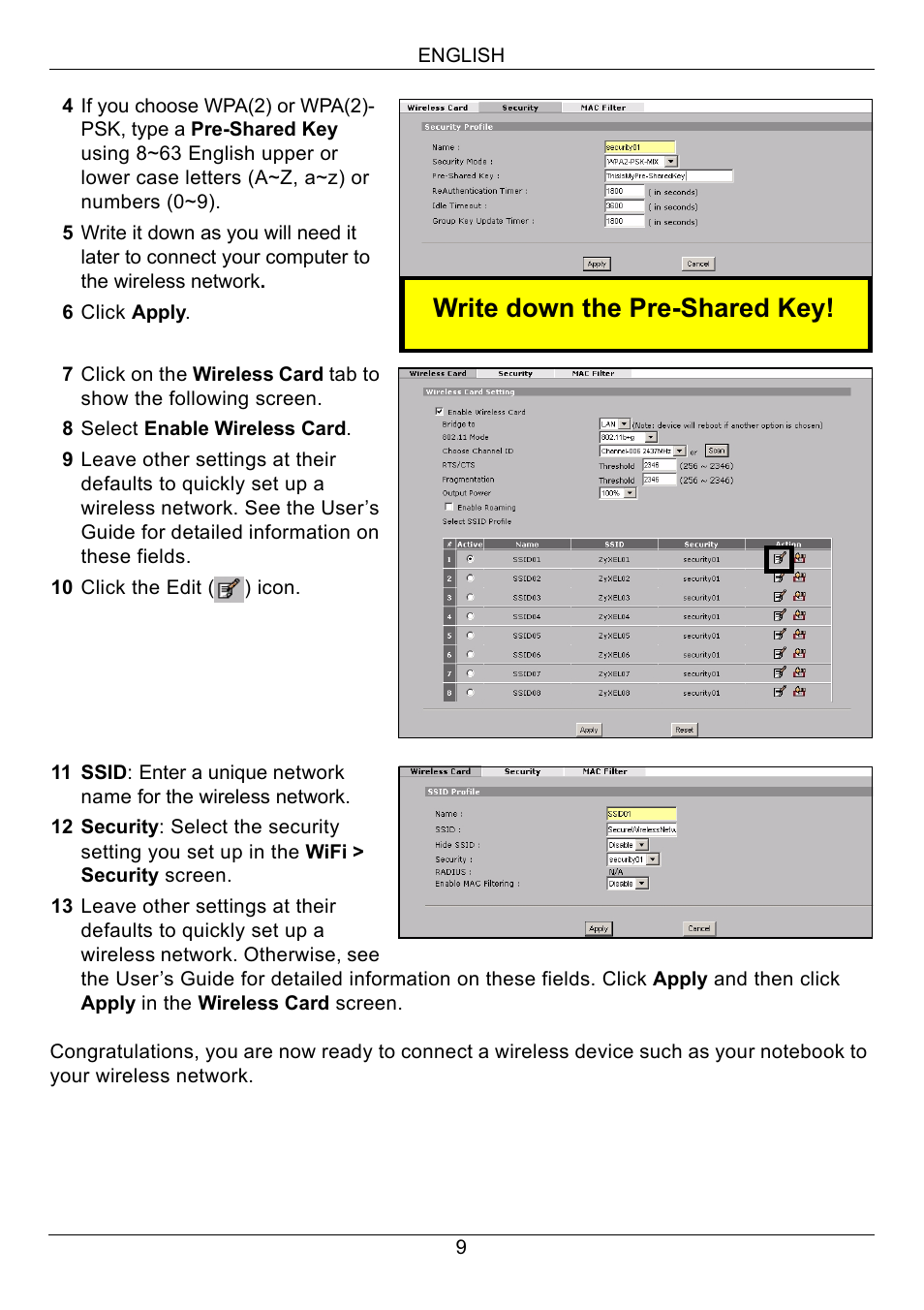Write down the pre-shared key | ZyXEL Communications 3G Wireless Router NBG410W3G User Manual | Page 9 / 88