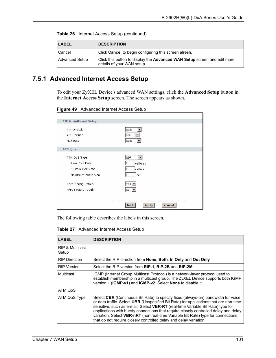 1 advanced internet access setup, Figure 49 advanced internet access setup, Table 27 advanced internet access setup | ZyXEL Communications P-2602HW(L) Series User Manual | Page 101 / 427