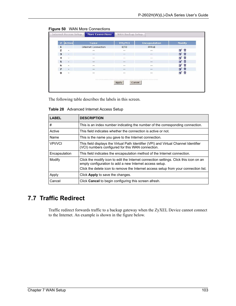 7 traffic redirect, Figure 50 wan more connections, Table 28 advanced internet access setup | ZyXEL Communications P-2602HW(L) Series User Manual | Page 103 / 427