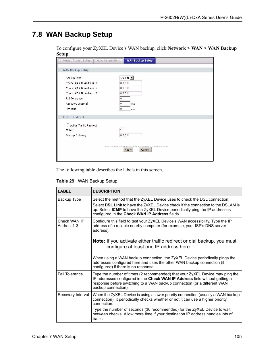 8 wan backup setup, Table 29 wan backup setup | ZyXEL Communications P-2602HW(L) Series User Manual | Page 105 / 427
