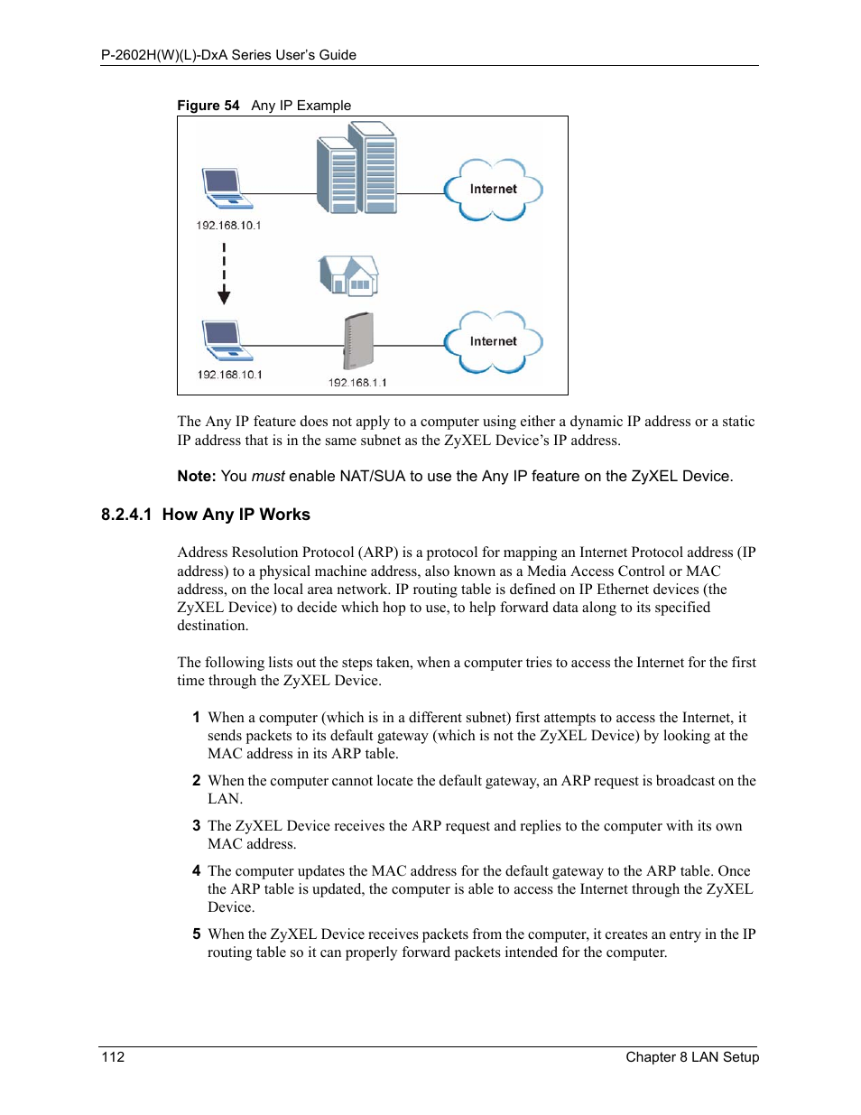 1 how any ip works, Figure 54 any ip example | ZyXEL Communications P-2602HW(L) Series User Manual | Page 112 / 427
