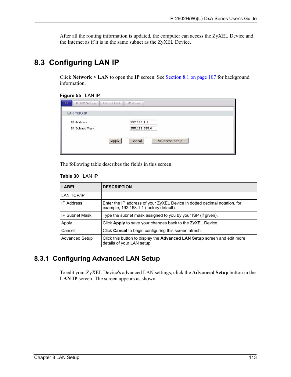3 configuring lan ip, 1 configuring advanced lan setup, Figure 55 lan ip | Table 30 lan ip | ZyXEL Communications P-2602HW(L) Series User Manual | Page 113 / 427
